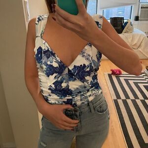 For Love & Lemons vintage floral thong bodysuit XS blue and white